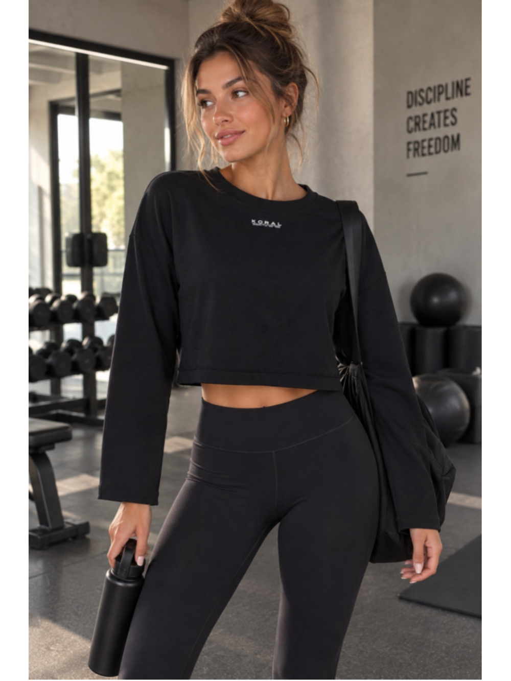 Koral Black Cropped Sweatshirt Sample M Long Sleeve Athleisure NWT